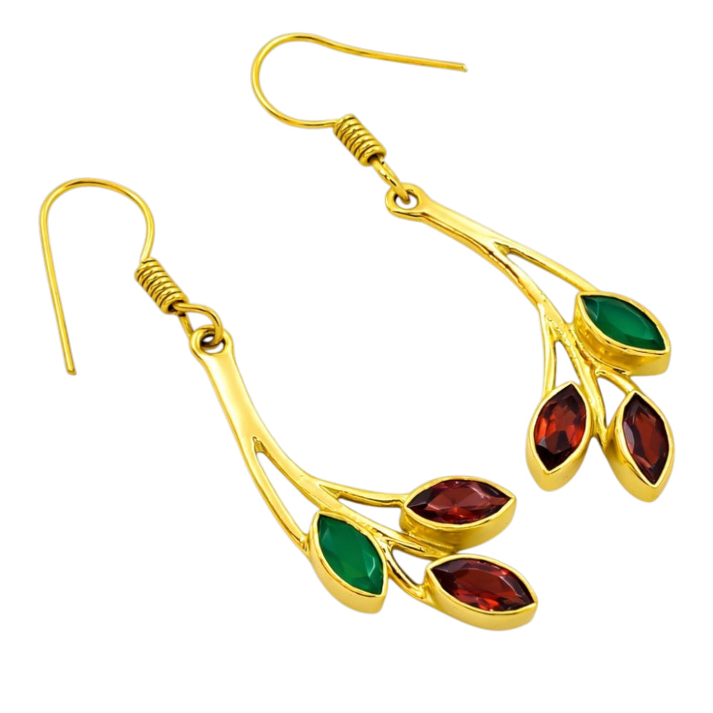 Trendy 18K Gold Plated Red Green & White Stone Leaf Drop Earrings for Women & Girls BIE1021