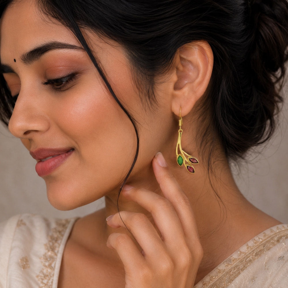 Trendy 18K Gold Plated Red Green & White Stone Leaf Drop Earrings for Women & Girls BIE1021