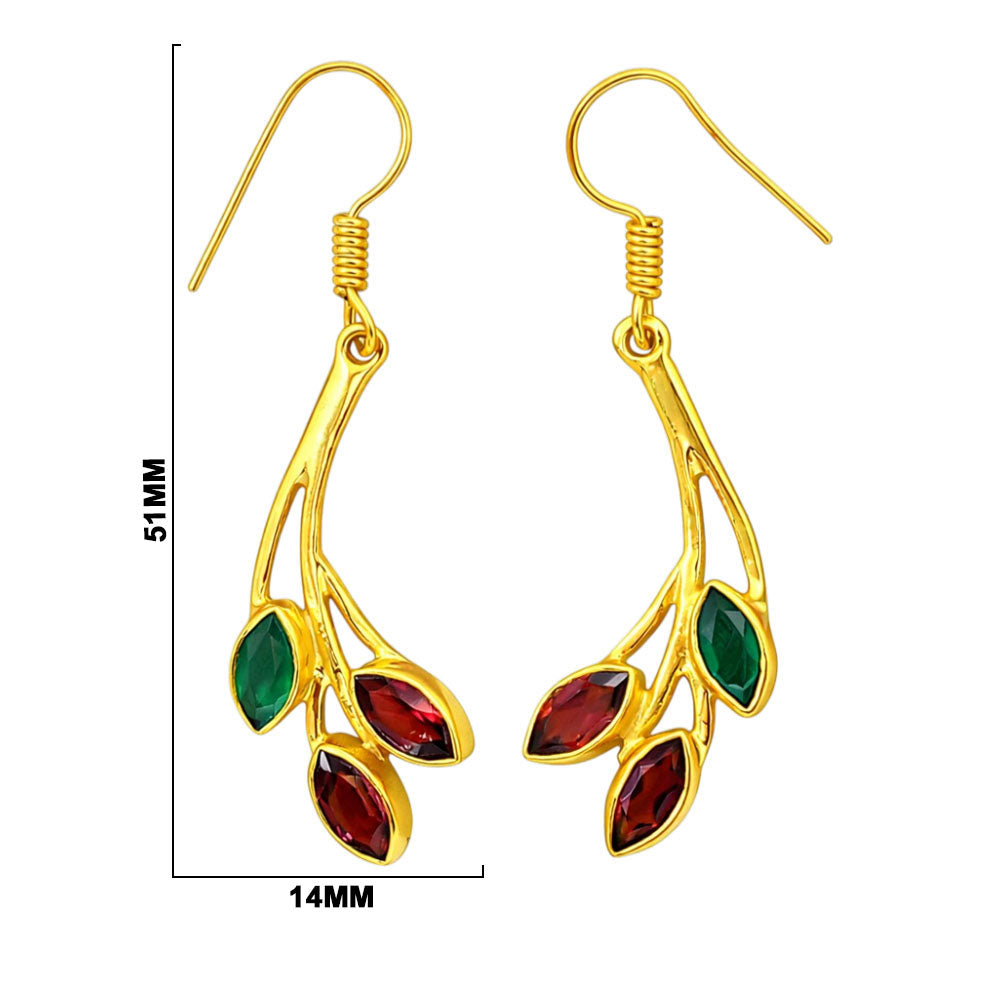Trendy 18K Gold Plated Red Green & White Stone Leaf Drop Earrings for Women & Girls BIE1021