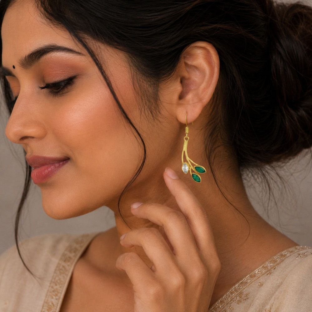 Trendy 18K Gold Plated Red Green & White Stone Leaf Drop Earrings for Women & Girls BIE1021