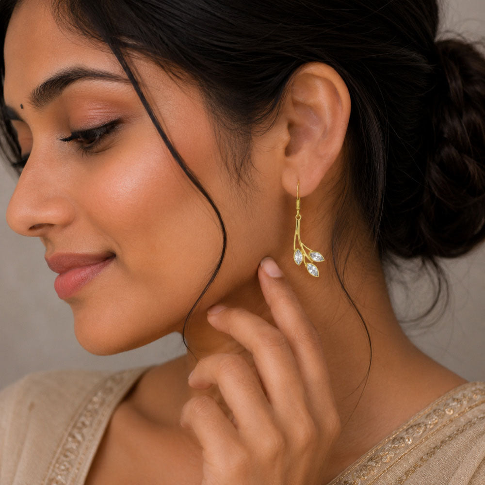 Trendy 18K Gold Plated Red Green & White Stone Leaf Drop Earrings for Women & Girls BIE1021