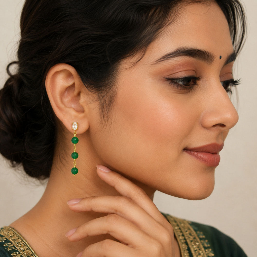 Premium 18K Gold Plated Green Bead Chain Earrings for Ethnic & Western Wear BIE1022