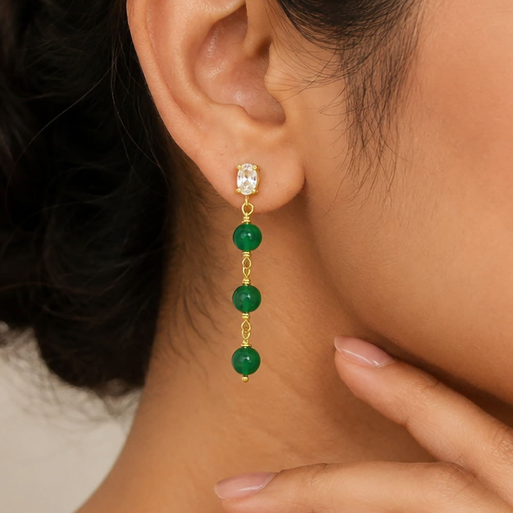 Premium 18K Gold Plated Green Bead Chain Earrings for Ethnic & Western Wear BIE1022