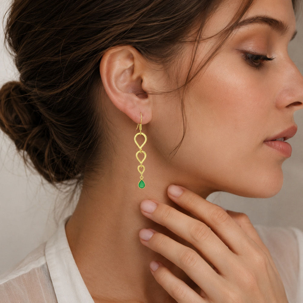 Trendy 18K Gold Plated Link Chain White Zircon, Green Onyx, Red Garnet Drop Earrings for Women & Girls BIE1023
