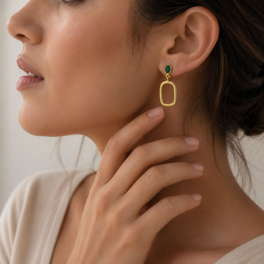 Trendy 18K Gold Plated White Zircon, Green Onyx, Red Garnet Rectangle Drop Earrings for Women & Girls BIE1024