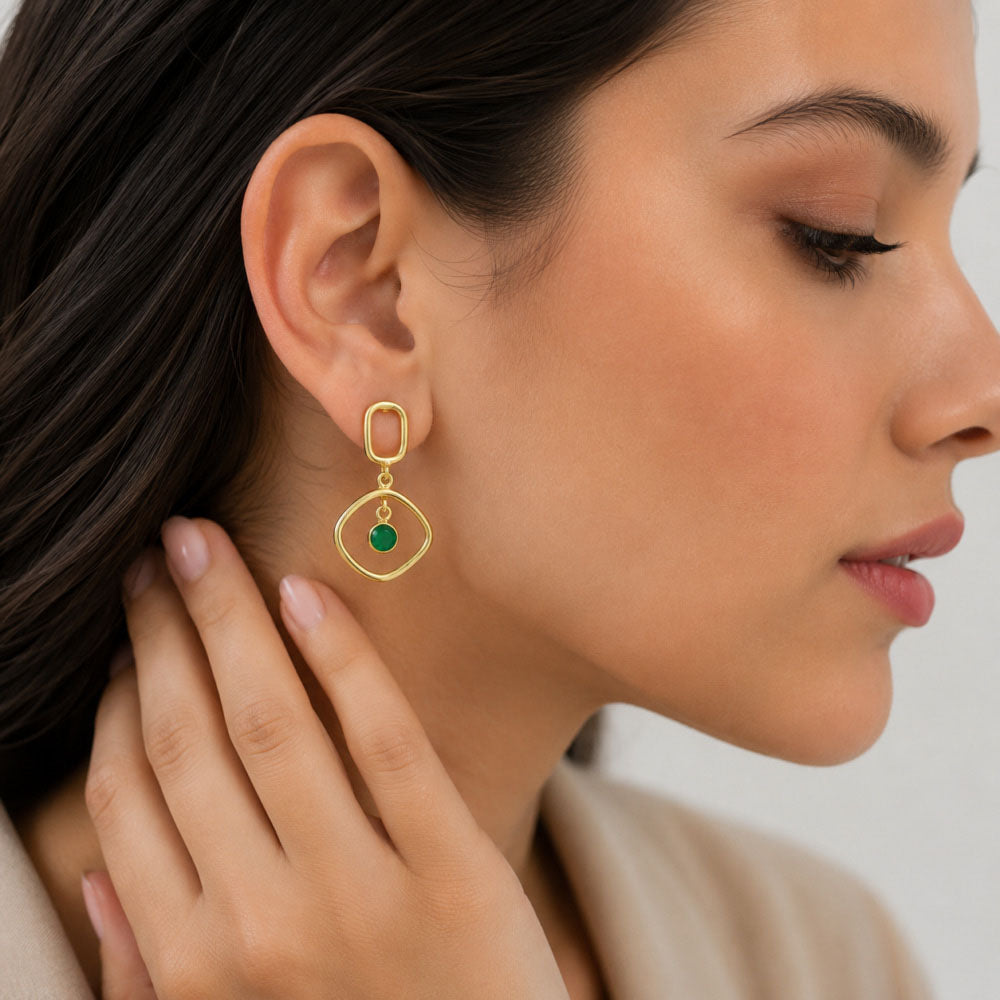 Trendy 18K Gold Plated Geometric White Zircon, Green Onyx, Red Garnet Drop Earrings for Women & Girls BIE1025