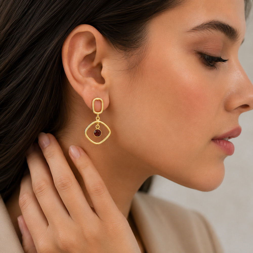 Trendy 18K Gold Plated Geometric White Zircon, Green Onyx, Red Garnet Drop Earrings for Women & Girls BIE1025
