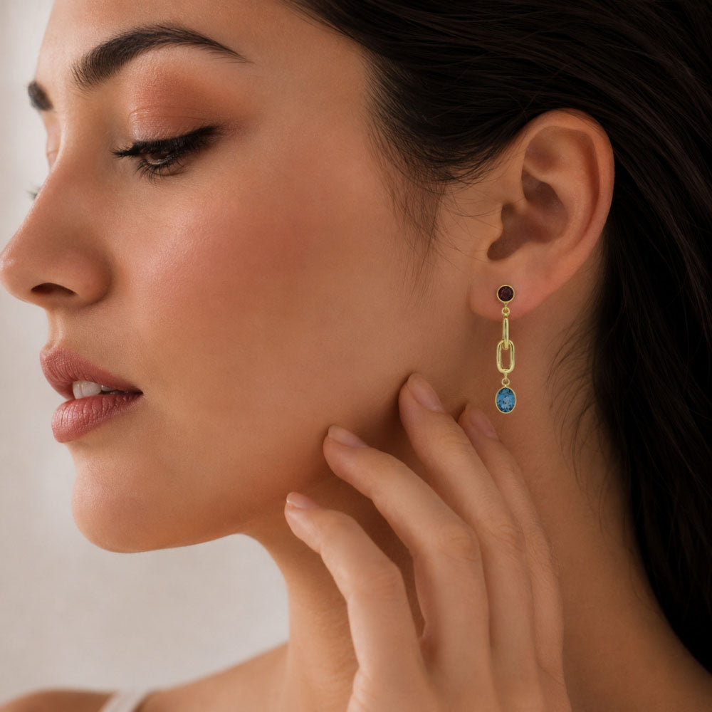 Elegant 18K Gold Plated Colored Gemstone Chain Dangle Earrings BIE1027