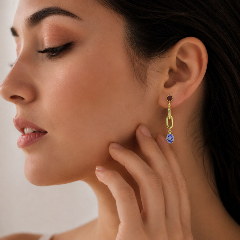 Elegant 18K Gold Plated Colored Gemstone Chain Dangle Earrings BIE1027