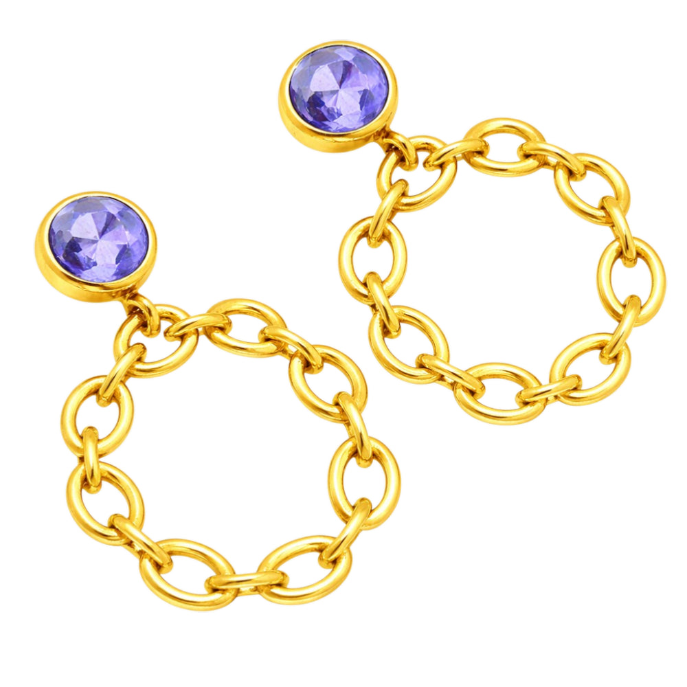 Fashionable 18K Gold Plated Tanzanite, White Zircon, Green & Black Onyx Chain Earrings for Ethnic & Western Wear BIE1028