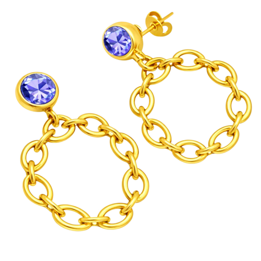 Fashionable 18K Gold Plated Tanzanite, White Zircon, Green & Black Onyx Chain Earrings for Ethnic & Western Wear BIE1028