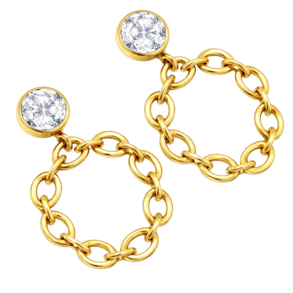 Fashionable 18K Gold Plated Tanzanite, White Zircon, Green & Black Onyx Chain Earrings for Ethnic & Western Wear BIE1028