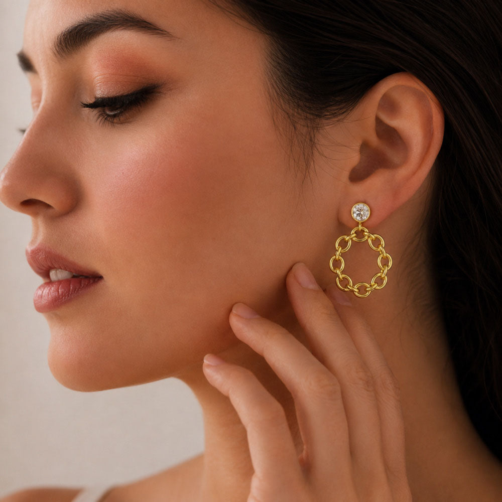 Fashionable 18K Gold Plated Tanzanite, White Zircon, Green & Black Onyx Chain Earrings for Ethnic & Western Wear BIE1028