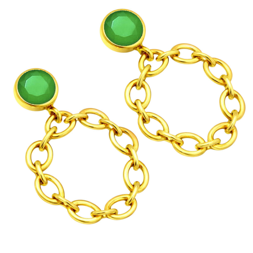 Fashionable 18K Gold Plated Tanzanite, White Zircon, Green & Black Onyx Chain Earrings for Ethnic & Western Wear BIE1028