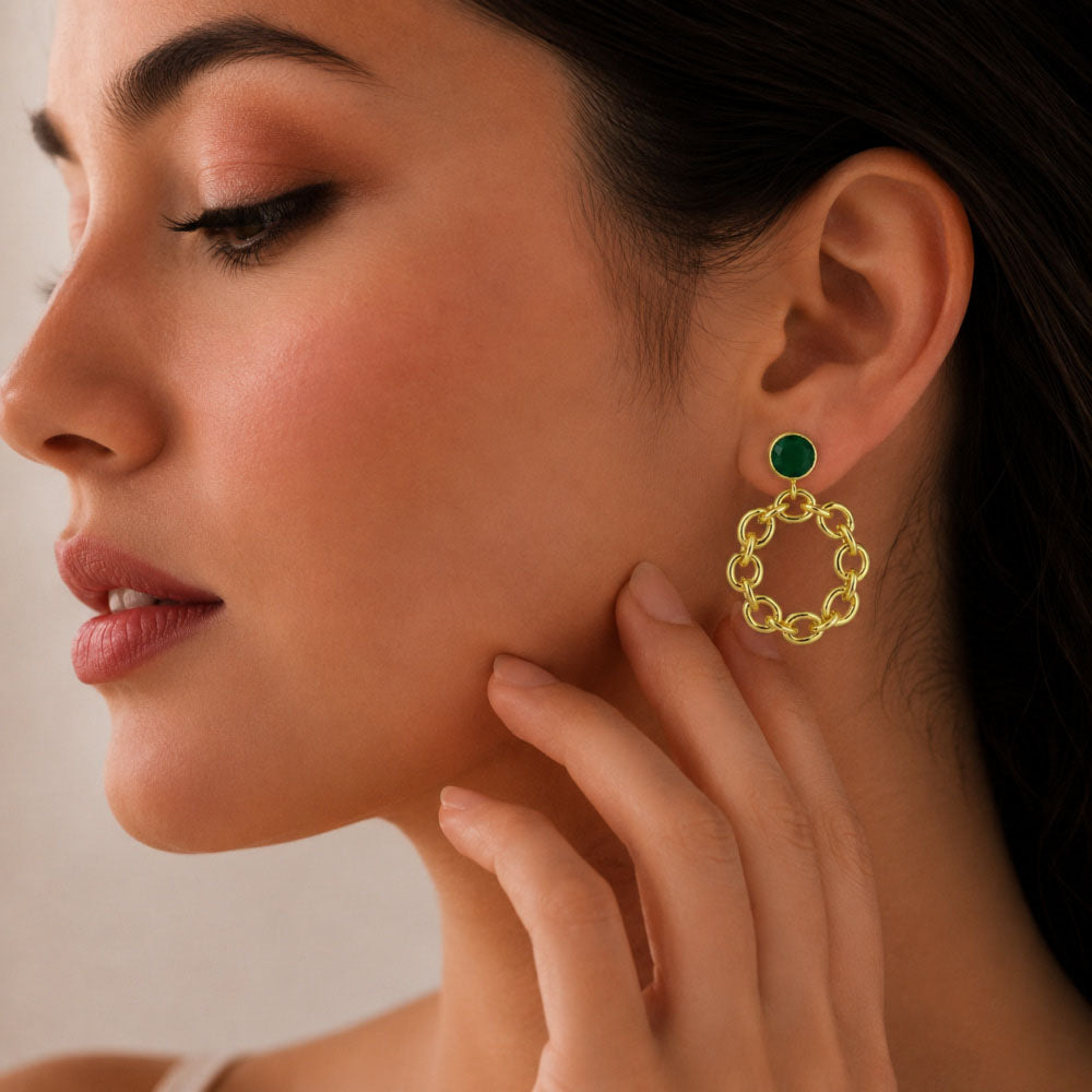 Fashionable 18K Gold Plated Tanzanite, White Zircon, Green & Black Onyx Chain Earrings for Ethnic & Western Wear BIE1028