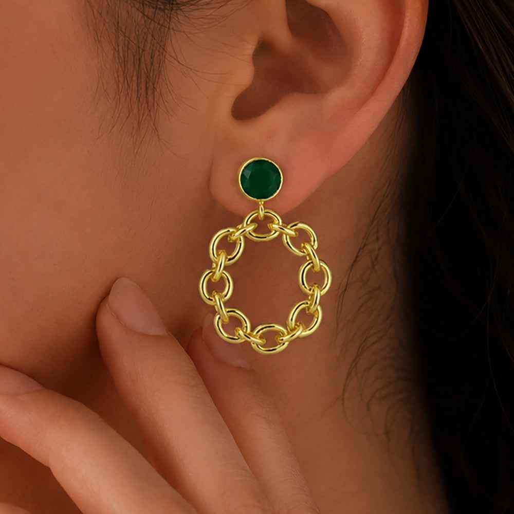 Fashionable 18K Gold Plated Tanzanite, White Zircon, Green & Black Onyx Chain Earrings for Ethnic & Western Wear BIE1028