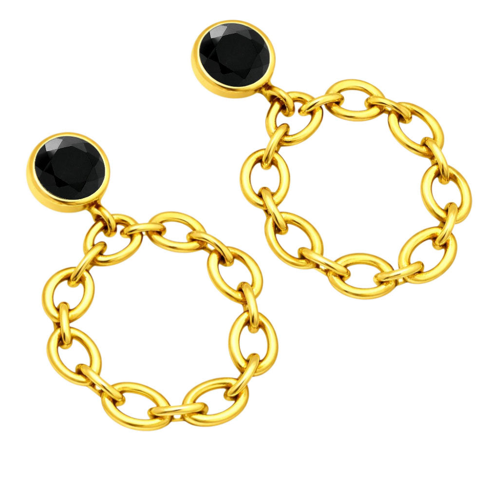 Fashionable 18K Gold Plated Tanzanite, White Zircon, Green & Black Onyx Chain Earrings for Ethnic & Western Wear BIE1028