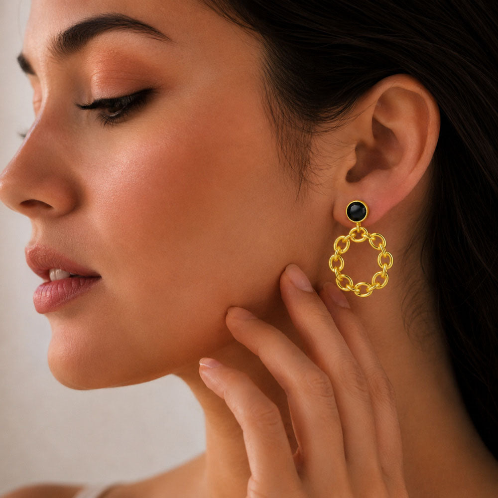 Fashionable 18K Gold Plated Tanzanite, White Zircon, Green & Black Onyx Chain Earrings for Ethnic & Western Wear BIE1028