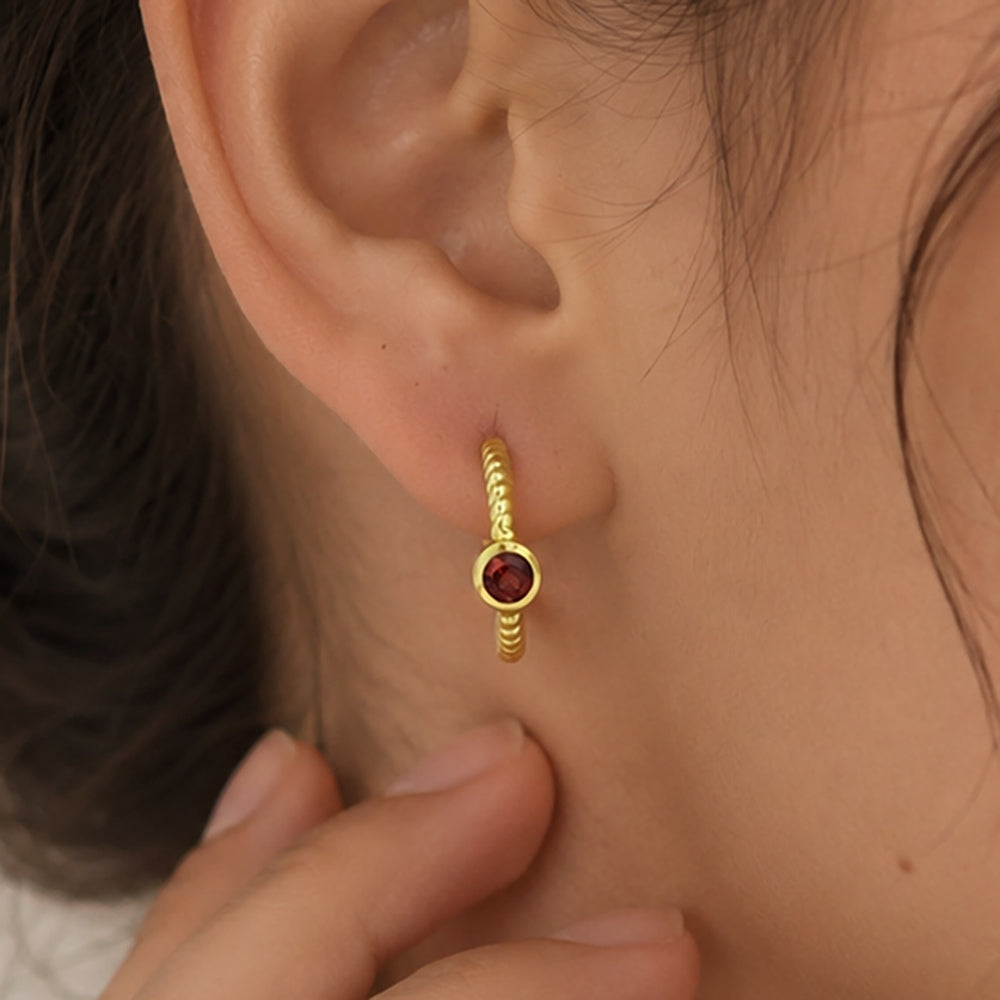 18K Gold Plated Twisted Rope Texture Hoops Earrings With Colorful Gemstone for Women BIE1031