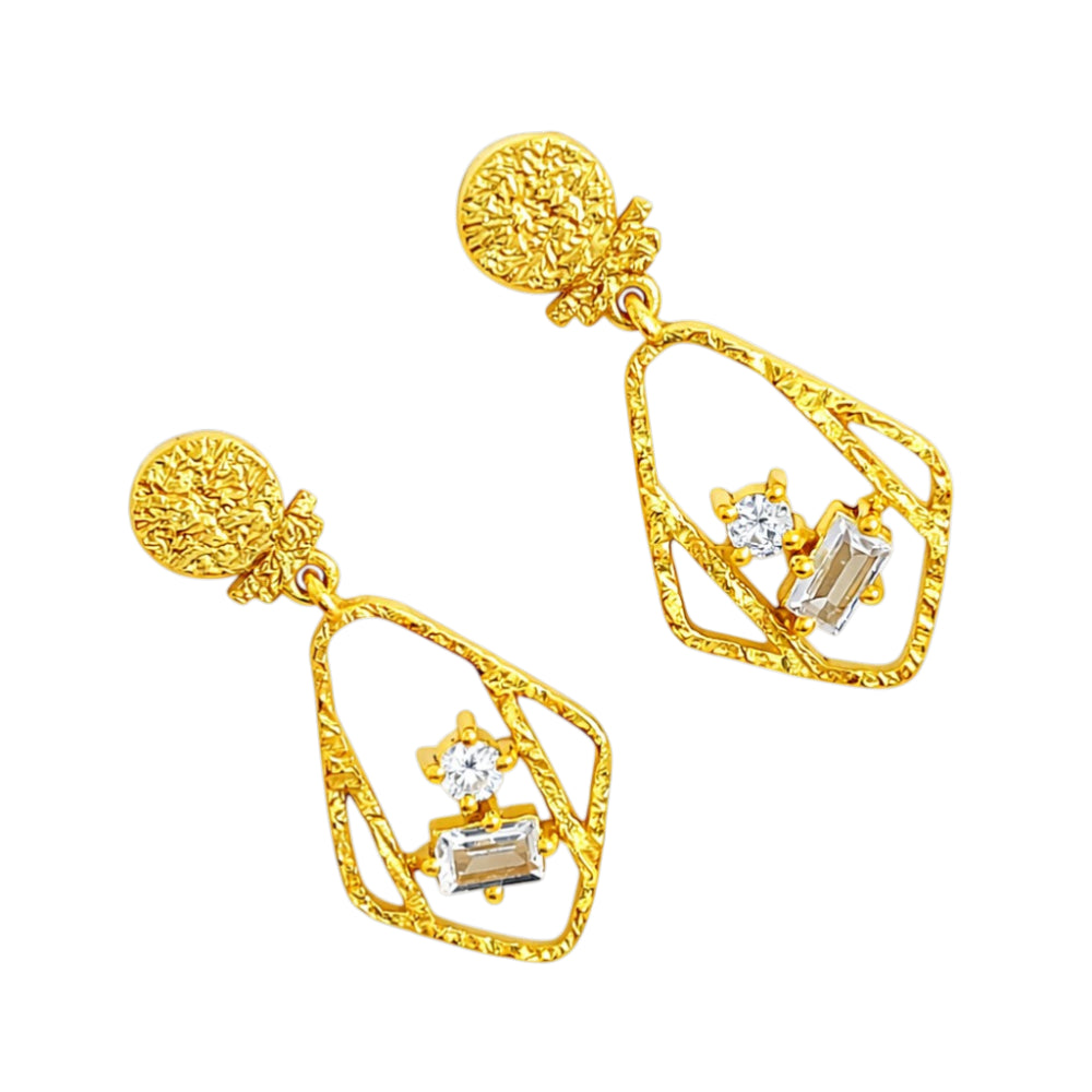 Designer 18K Gold Plated Geometric White Zircon & Green Tourmaline Statement Earrings for Women & Girls BIE1053