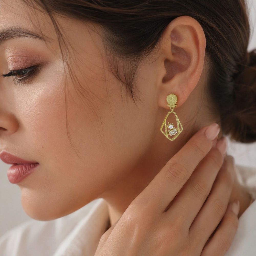 Designer 18K Gold Plated Geometric White Zircon & Green Tourmaline Statement Earrings for Women & Girls BIE1053