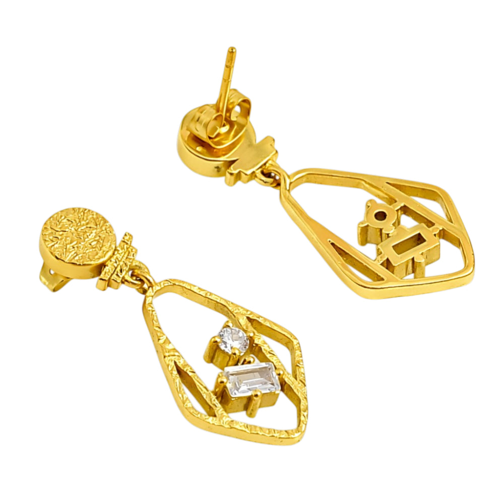 Designer 18K Gold Plated Geometric White Zircon & Green Tourmaline Statement Earrings for Women & Girls BIE1053