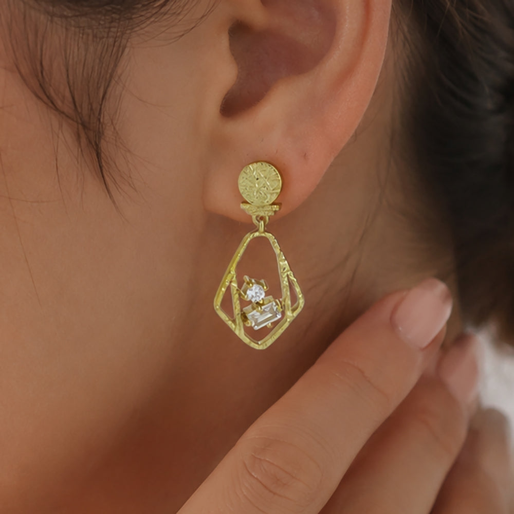 Designer 18K Gold Plated Geometric White Zircon & Green Tourmaline Statement Earrings for Women & Girls BIE1053