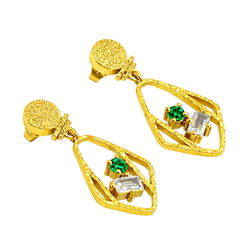 Designer 18K Gold Plated Geometric White Zircon & Green Tourmaline Statement Earrings for Women & Girls BIE1053