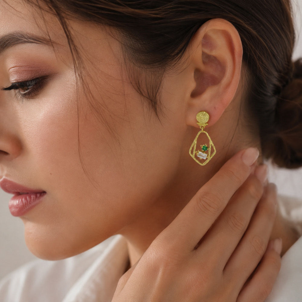 Designer 18K Gold Plated Geometric White Zircon & Green Tourmaline Statement Earrings for Women & Girls BIE1053