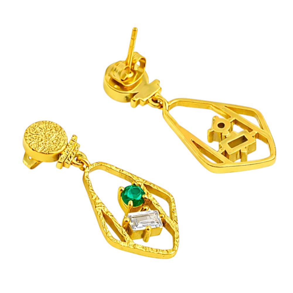Designer 18K Gold Plated Geometric White Zircon & Green Tourmaline Statement Earrings for Women & Girls BIE1053