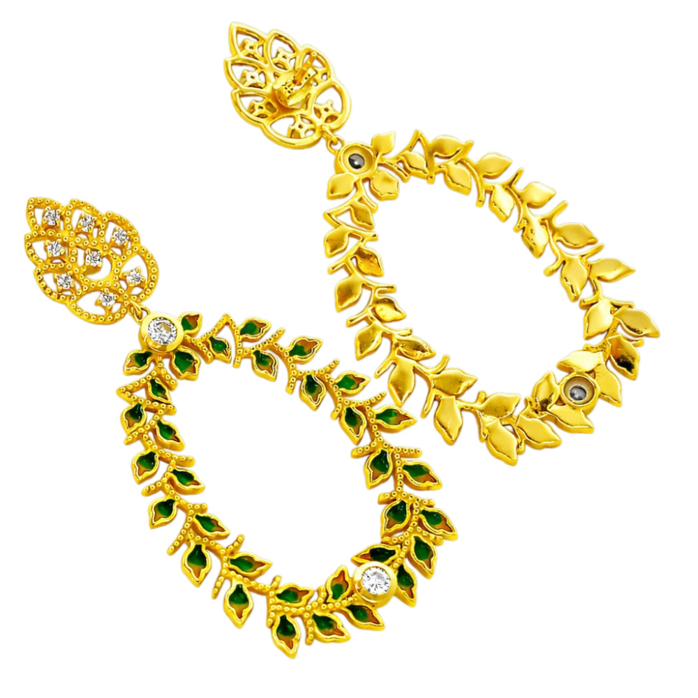 Designer 18K Gold Plated Green Enamel Meenakari Leaf Design with Gemstone Hoop Earrings BIE1054