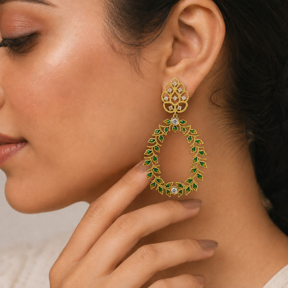 Designer 18K Gold Plated Green Enamel Meenakari Leaf Design with Gemstone Hoop Earrings BIE1054