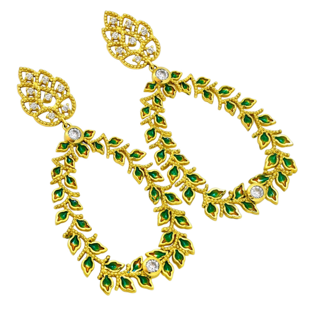 Designer 18K Gold Plated Green Enamel Meenakari Leaf Design with Gemstone Hoop Earrings BIE1054