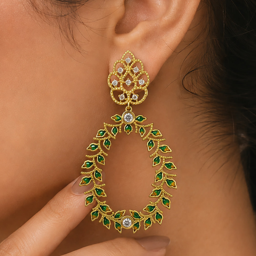 Designer 18K Gold Plated Green Enamel Meenakari Leaf Design with Gemstone Hoop Earrings BIE1054