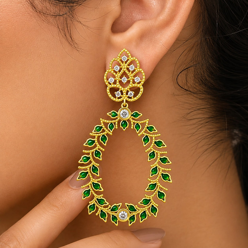 Designer 18K Gold Plated Green Enamel Meenakari Leaf Design with Gemstone Hoop Earrings BIE1054