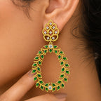 Designer 18K Gold Plated Green Enamel Meenakari Leaf Design with Gemstone Hoop Earrings BIE1054