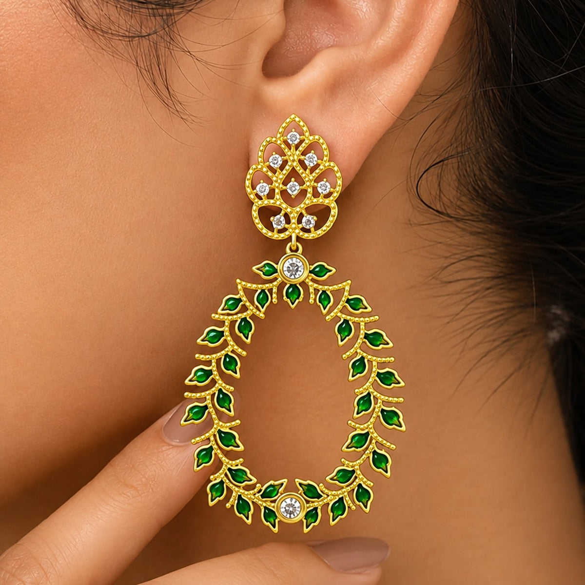 Designer 18K Gold Plated Green Enamel Meenakari Leaf Design with Gemstone Hoop Earrings BIE1054