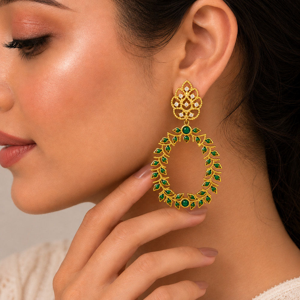 Designer 18K Gold Plated Green Enamel Meenakari Leaf Design with Gemstone Hoop Earrings BIE1054