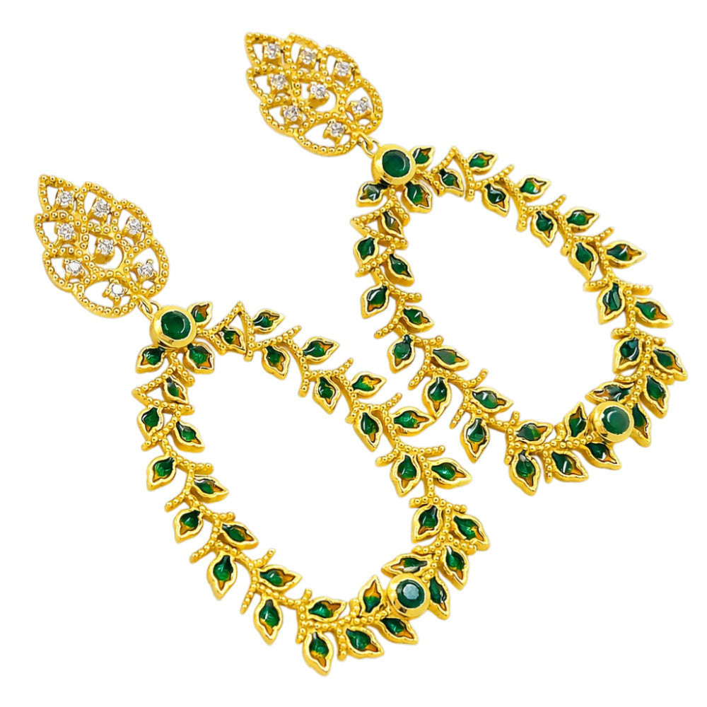 Designer 18K Gold Plated Green Enamel Meenakari Leaf Design with Gemstone Hoop Earrings BIE1054