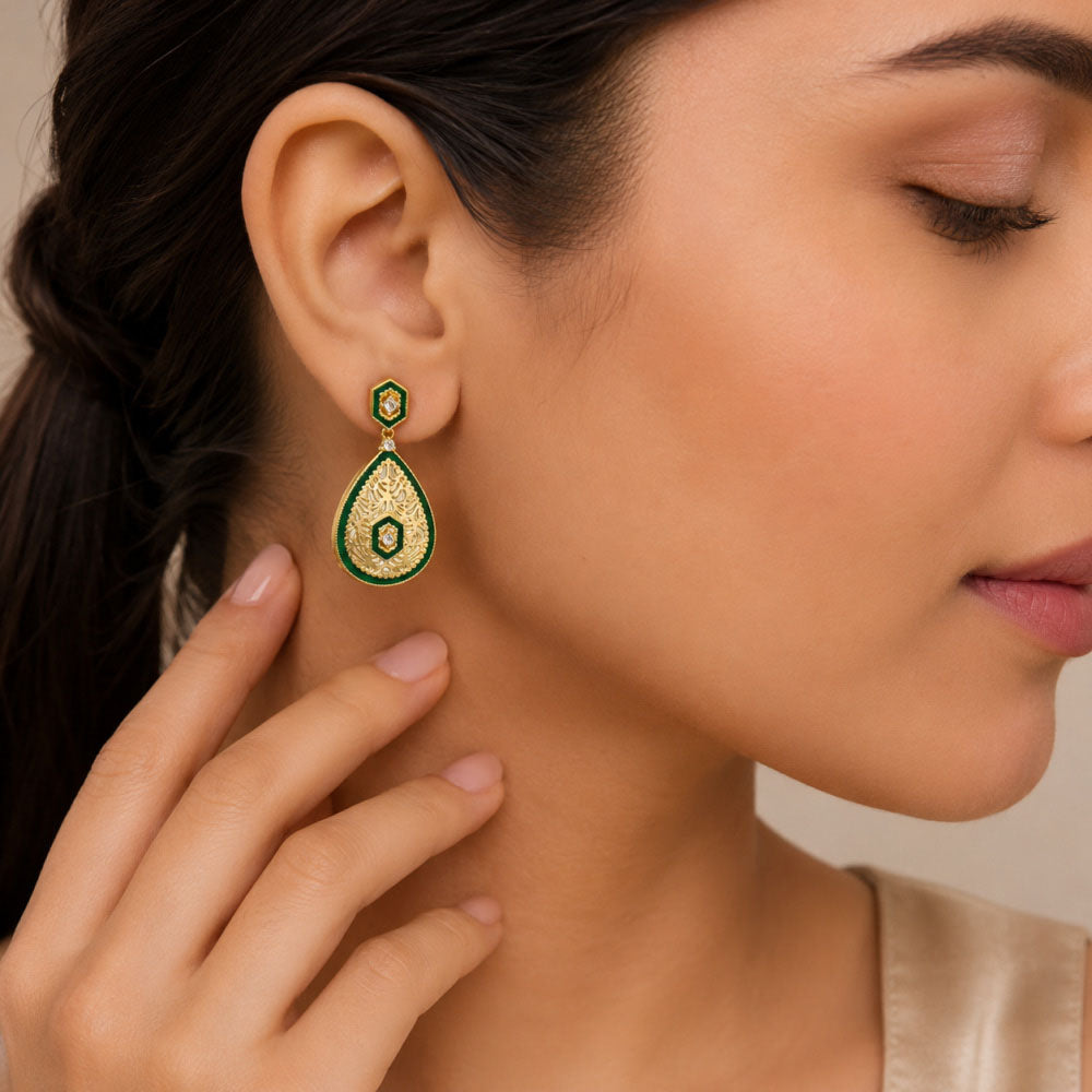 Elegant 18K Gold Plated Green Enamel Meenakari Designer Dangle Earrings for Women & Girls BIE1055