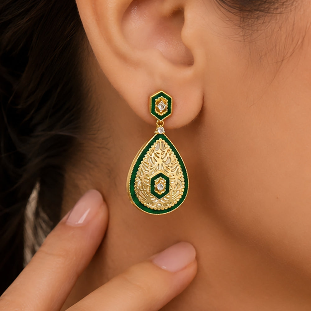 Elegant 18K Gold Plated Green Enamel Meenakari Designer Dangle Earrings for Women & Girls BIE1055