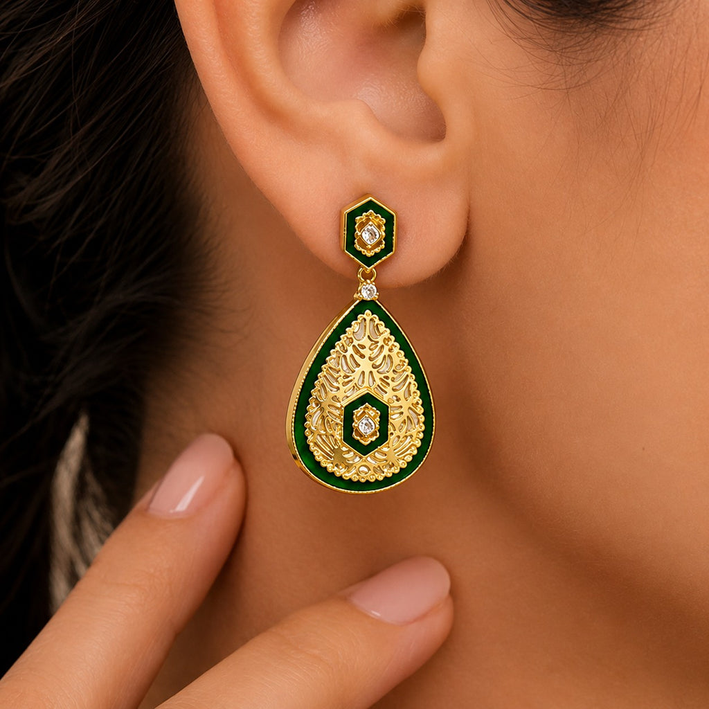 Elegant 18K Gold Plated Green Enamel Meenakari Designer Dangle Earrings for Women & Girls BIE1055