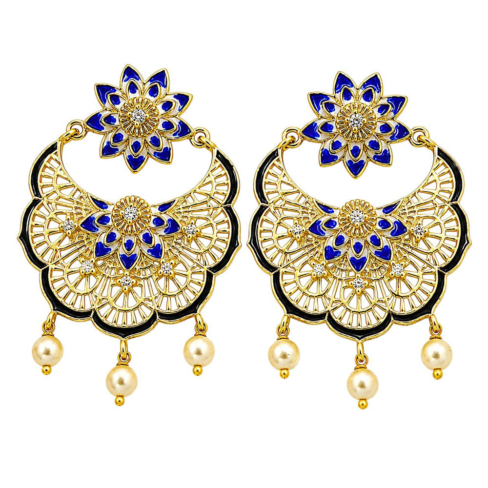 Elegant 18K Gold Plated Blue Enamel Pearl Chandbali Earrings for Women & Girls BIE1057
