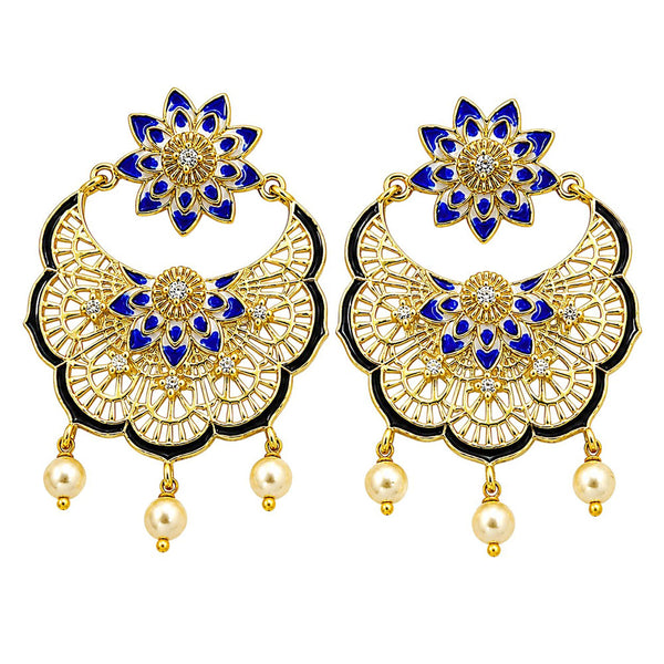 Elegant 18K Gold Plated Blue Enamel Pearl Chandbali Earrings for Women & Girls BIE1057