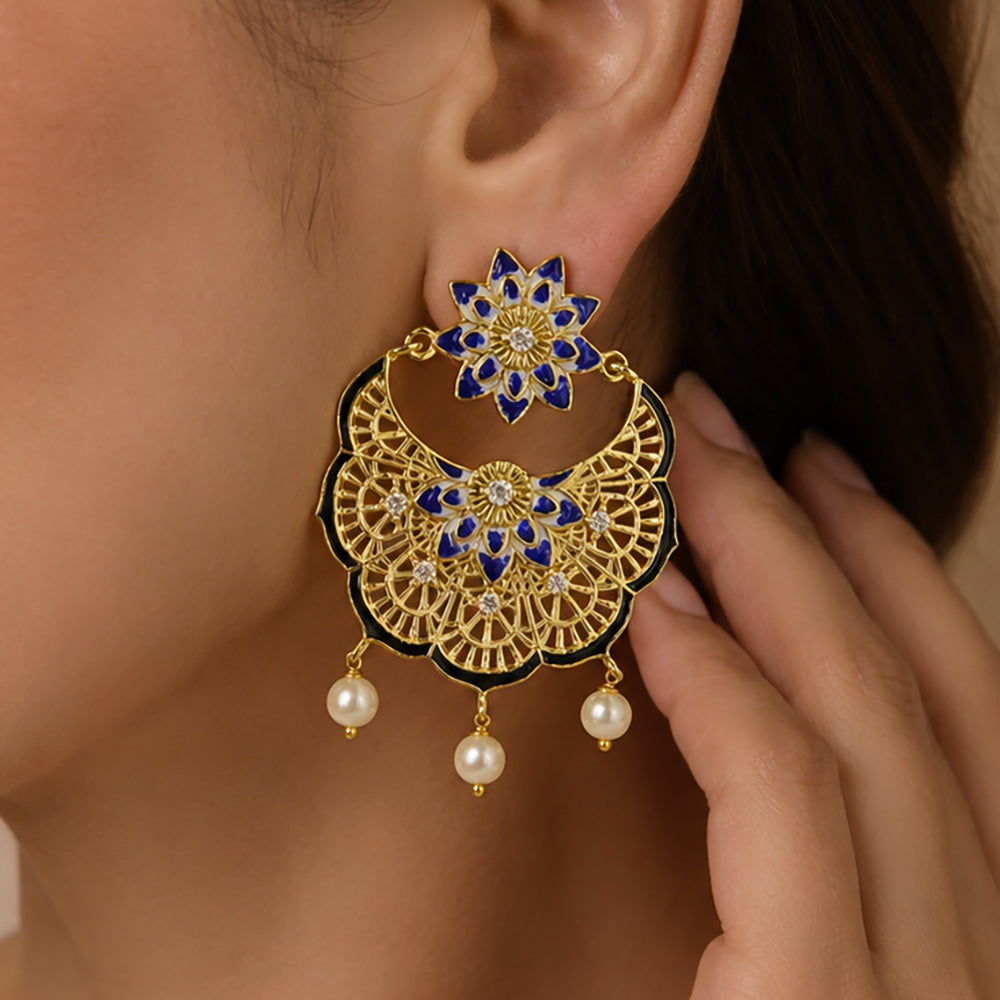 Elegant 18K Gold Plated Blue Enamel Pearl Chandbali Earrings for Women & Girls BIE1057