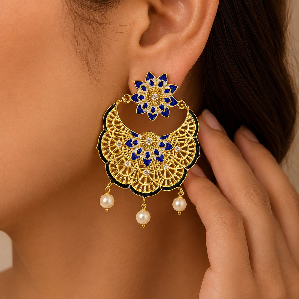 Elegant 18K Gold Plated Blue Enamel Pearl Chandbali Earrings for Women & Girls BIE1057