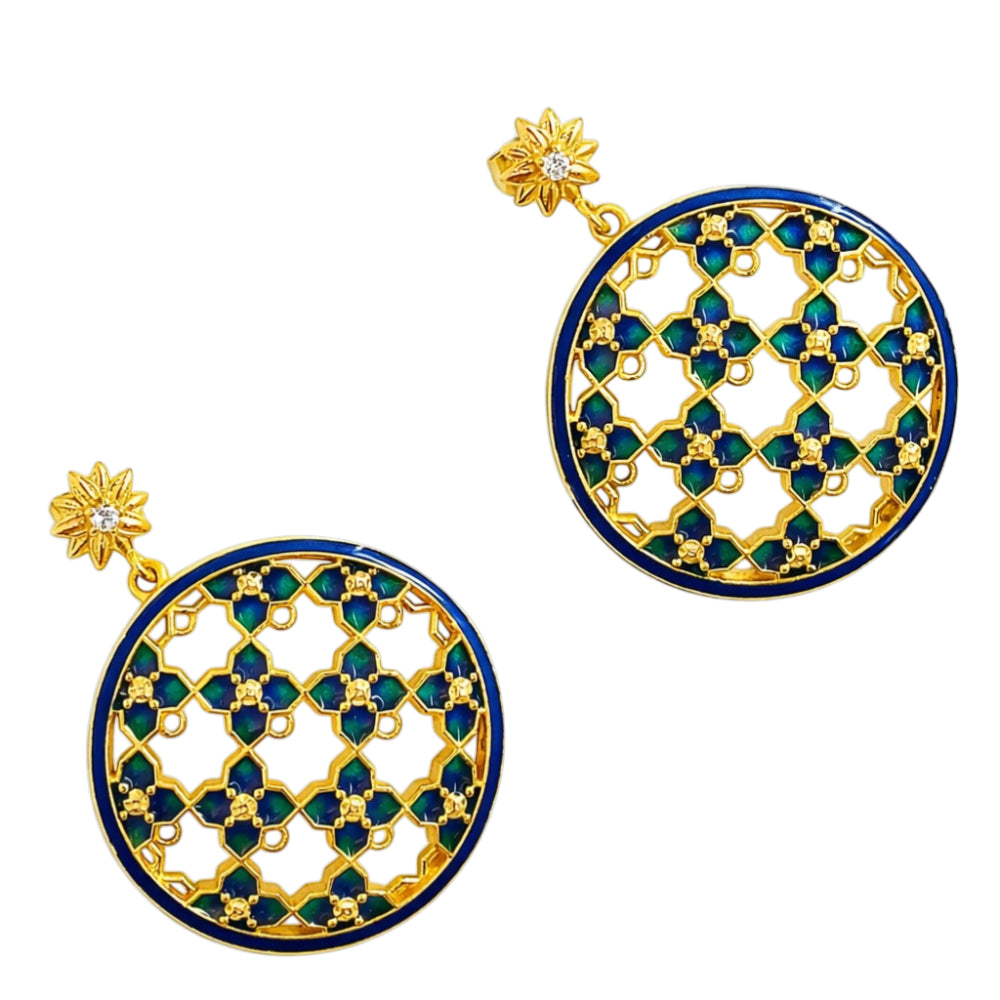 Royal Style Ethnic Gold Plated Blue Enamel Meenakari Round Dangle Earrings for Women & Girls BIE1058