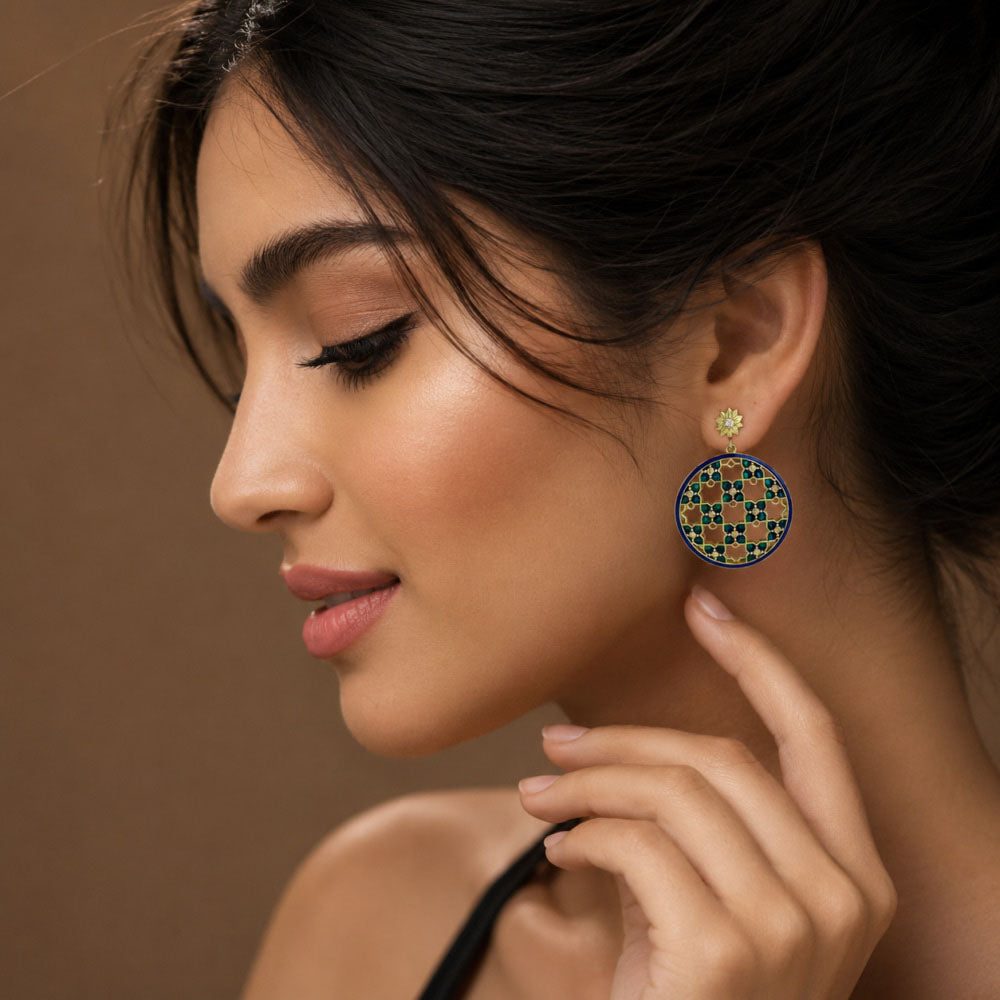 Royal Style Ethnic Gold Plated Blue Enamel Meenakari Round Dangle Earrings for Women & Girls BIE1058