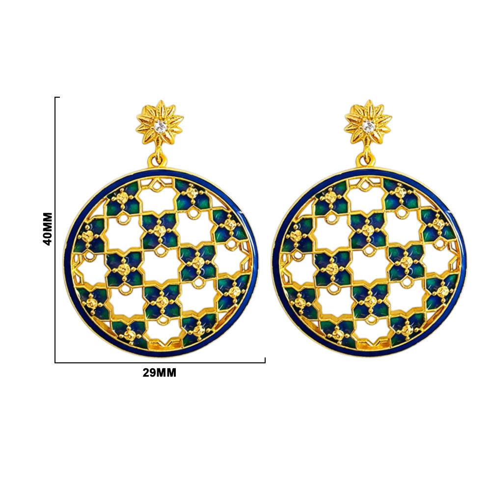Royal Style Ethnic Gold Plated Blue Enamel Meenakari Round Dangle Earrings for Women & Girls BIE1058