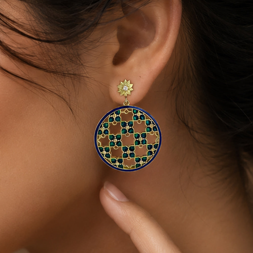 Royal Style Ethnic Gold Plated Blue Enamel Meenakari Round Dangle Earrings for Women & Girls BIE1058